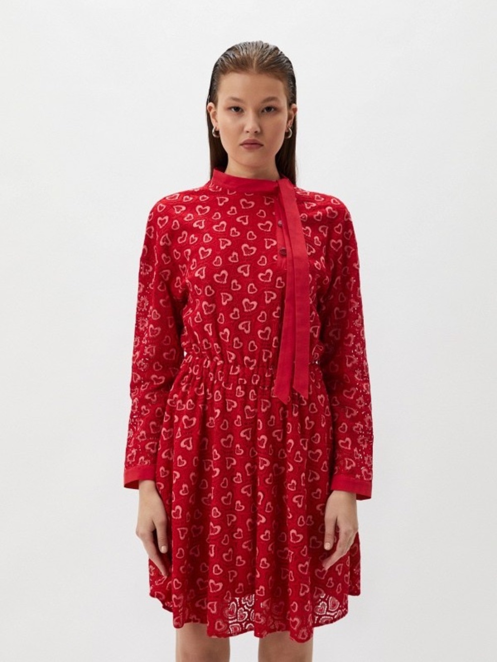Love Moschino Lace Red Heart-Print Long-Sleeve Fit & Flare Dress Size 4
